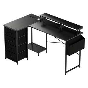 Levede L Shaped Gaming Desk with Storage Drawers Black-1996009982977511432