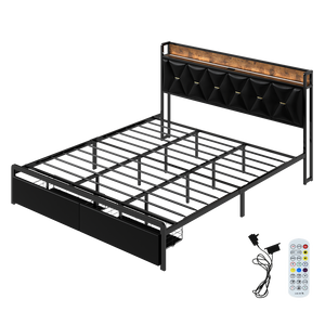 Levede King Bed Frame Leather Headboard RGB 2 Drawers-1996009956867969032