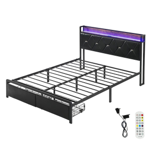 Levede Queen Metal Bed Frame LED Lights 2 Drawers-1996005424637284360