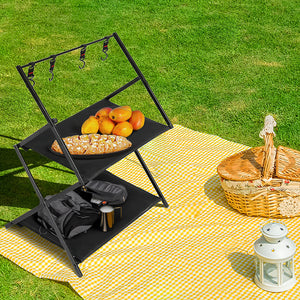 Levede Foldable Camping Storage Shelves 2 Layer with Hooks Black-1975420369112272903