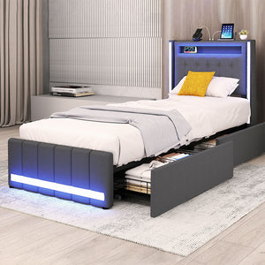 Levede Single Bed Frame Fabric Storage Drawer LED USB-1996005583135838214