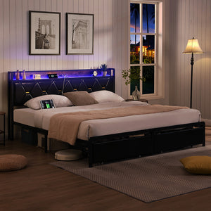Levede Double Metal Bed Frame LED Lights 2 Drawers-1996005424444346374