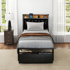 Levede Single Bed Frame Leather Headboard RGB 2 Drawers-1996009957056712710