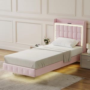 Levede Single Floating Bed Frame LED Headboard USB Pink-1996009956679225351