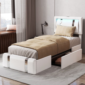 Levede Single Bed Frame Leather Headboard RGB 2 Drawers-1996009957413228551