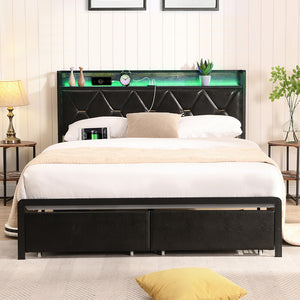 Levede Queen Metal Bed Frame LED Lights 2 Drawers-1996005424637284359
