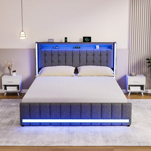 Levede King Bed Frame Fabric Storage Drawer LED USB-1996005582930317319