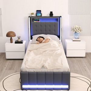Levede Single Bed Frame Fabric Storage Drawer LED USB-1996005583135838215