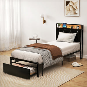 Levede Single Bed Frame Leather Headboard RGB 2 Drawers-1996009957056712711