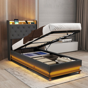 Levede Single Bed Frame Gas Lift Storage LED Light USB-1996005582720602119