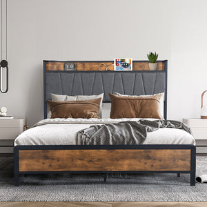 Levede Double Bed Frame Tufted Headboard USB Charge-1996005556283904007