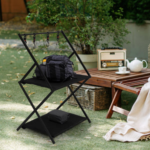 Levede Foldable Camping Storage Shelves 2 Layer with Hooks Black-1975420369112272902