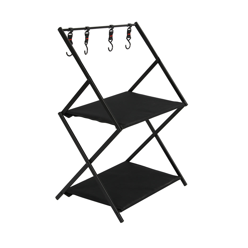 levede-foldable-camping-storage-shelves-2-layer-with-hooks-black-1975420369112272896