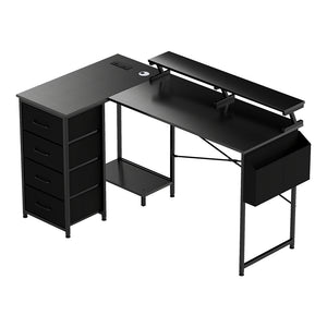 Levede L Shaped Gaming Desk with Storage Drawers Black-1996009982977511424
