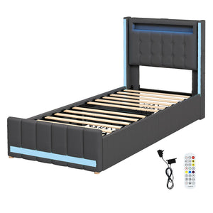 Levede Single Bed Frame Fabric Storage Drawer LED USB-1996005583135838208