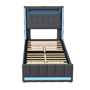 Levede Single Bed Frame Fabric Storage Drawer LED USB-1996005583135838209