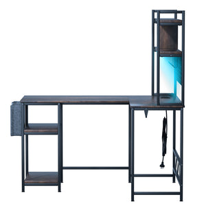Levede L Shaped Gaming Desk with LED Lights Brown-1996005369113088001