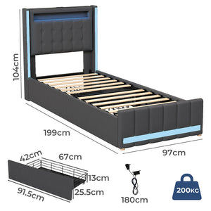 Levede Single Bed Frame Fabric Storage Drawer LED USB-1996005583135838210