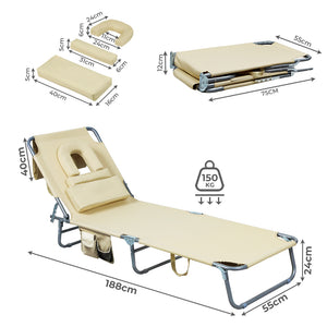 Levede Foldable Beach Lounge Chairs with Face Hole Khaki-1996005405750333442