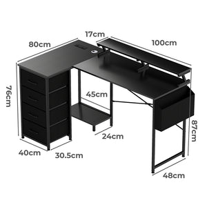 Levede L Shaped Gaming Desk with Storage Drawers Black-1996009982977511426