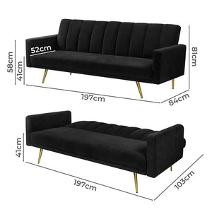 Levede Sofa Bed Convertible Velvet Lounge Recliner Couch Sleeper 3 Seater Black-1975420375357591554