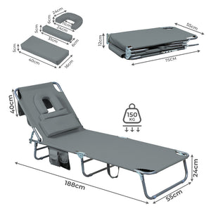 Levede Foldable Beach Lounge Chairs with Face Hole Grey-1996005405561589762